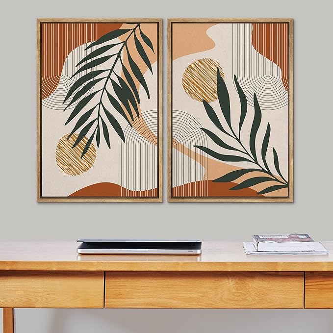SIGNFORD Framed Canvas Print Wall Art Mid-Century Palm Leaf and Geometry Symbols Abstract Shapes Illustrations Modern Boho Nature Colorful Chic for Living Room, Bedroom, Office - 24"x36"x2 Natural