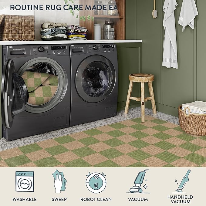 Lahome Checkered 3x5 Washable Rug, Green Easy Jute Rug for Entryway Living Room, Modern Non Slip Non Shedding Indoor Outdoor Carpet for Porch Deck Kitchen