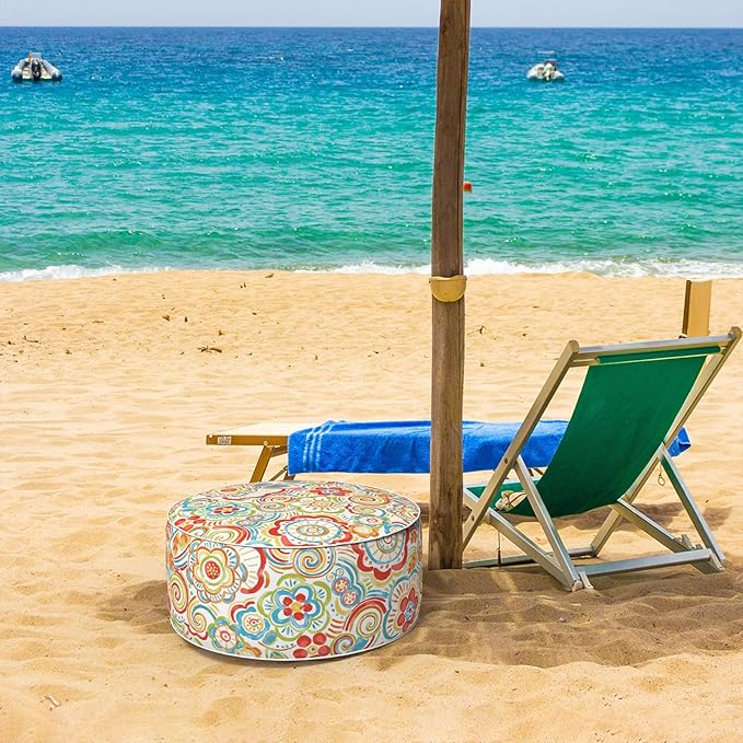 Inflatable Ottoman Stool D21 xH9 for Outdoor/Indoor Use, Water Repellent Patio Foot Rest Stool with Portable Handle,Round Pouf Ottoman Suitable for Garden,Deck and Camping - Flower Red