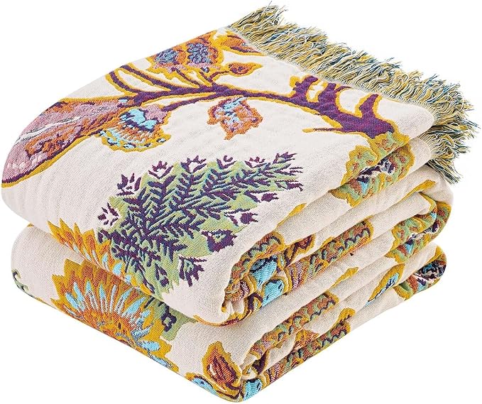 Boho Throw Blanket for Bed, 100% Cotton Soft Rustic Quilt Fall Blanket, 80"x90" Floral Printed Farmhouse Decor Bed Blankets, All Season Rustic Reversible Bohemian Throw Quilt