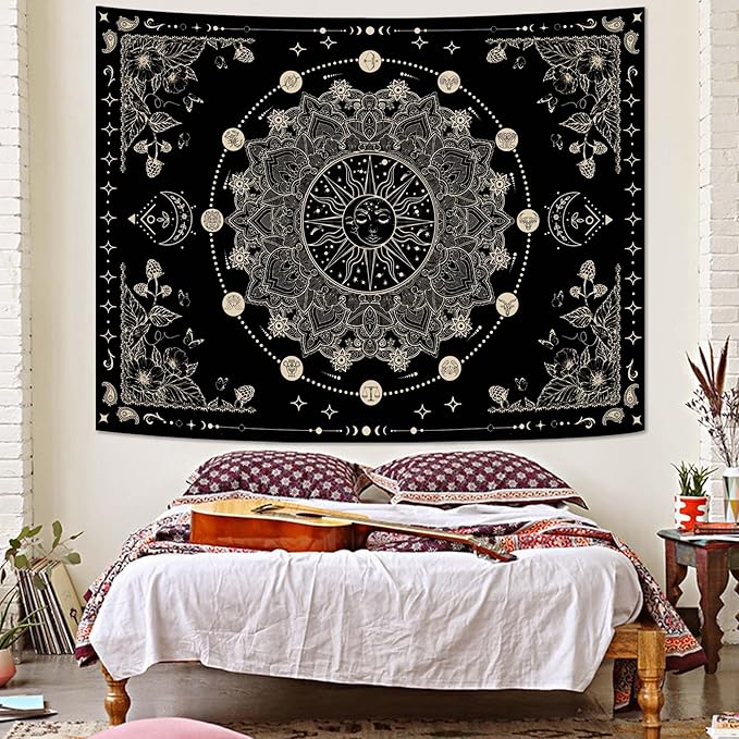 Lunerfex Sun and Moon Mandala Tapestry Boho Tapestry for Bedroom Black and White Tapestries Wall Hanging Living Room Wall Art and Home Decor 44x60