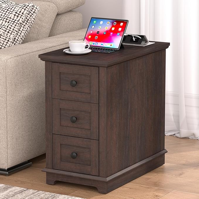 HIFYOBRO 3 Drawers End Table with Flip Top Charging Station, Narrow Side Table with Power outlets, Wooden Nightstand, End Table with Storage for Living Room and Bedroom