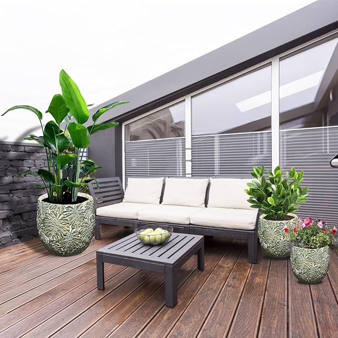 Craft flowerpots 18"+13"+19" Dia Round Concrete Planter Set of 3 Large Outdoor/Indoor Planter Pots Containers with Drainage Holes and Rubber Plug for Home Garden (Green, Large)