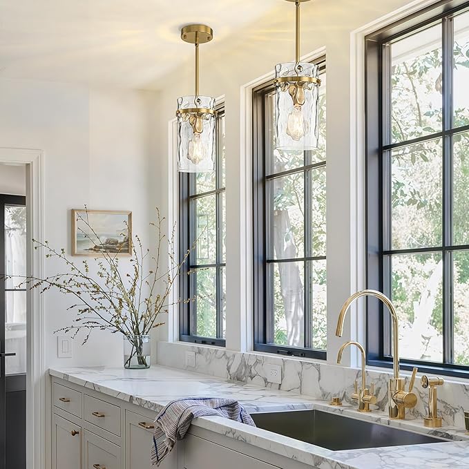 Brass Hammered Hand-Blown Glass Pendant Light, Pendant Lights Kitchen Island Vintage Kitchen Island Lighting Gold Pendant Light Fixtures Dining Room Light Island Lights Pendant Lighting 1 Pack