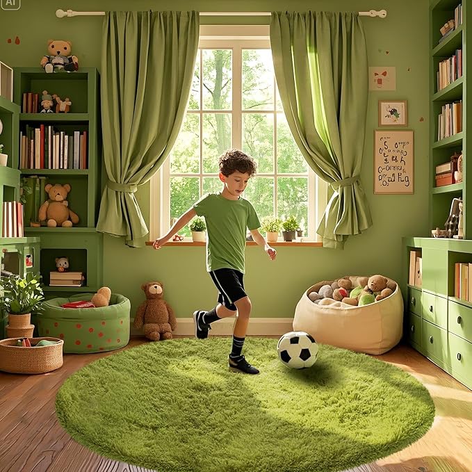 CAIYUECS Green Round Rug for Bedroom: 4x4Feet Soft and Fluffy Area Rug for Living Room- Circle Fuzzy Bedroom Rug- Oval Furry Plush Rug for Kids Room, Nursery (4ft, Grass Green)
