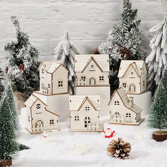 Hiboom 12 Pcs DIY Christmas Village Sets Wood Village Houses with Fence Christmas Mini Wooden House Gift for Winter Xmas Party Decorations
