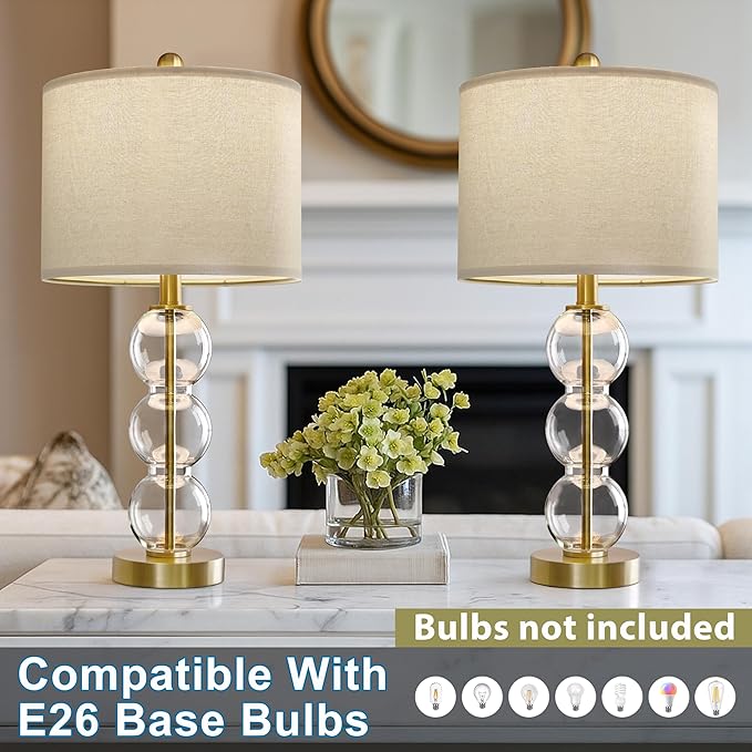 Oneach 24" Glass Table Lamps Set of 2, Gold Modern Table Lamps with USB Ports for Living Room, Linen Shade Bedside Lamps for Bedroom, Nightstand, Side Table (Bulbs not Included)