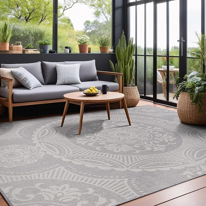 Medallion Outdoor Rug 5x7 Washable Outside Carpet for Indoor Patio Porch Waterproof Easy Cleaning Non Shedding Area Rugs Gray 5 x 7