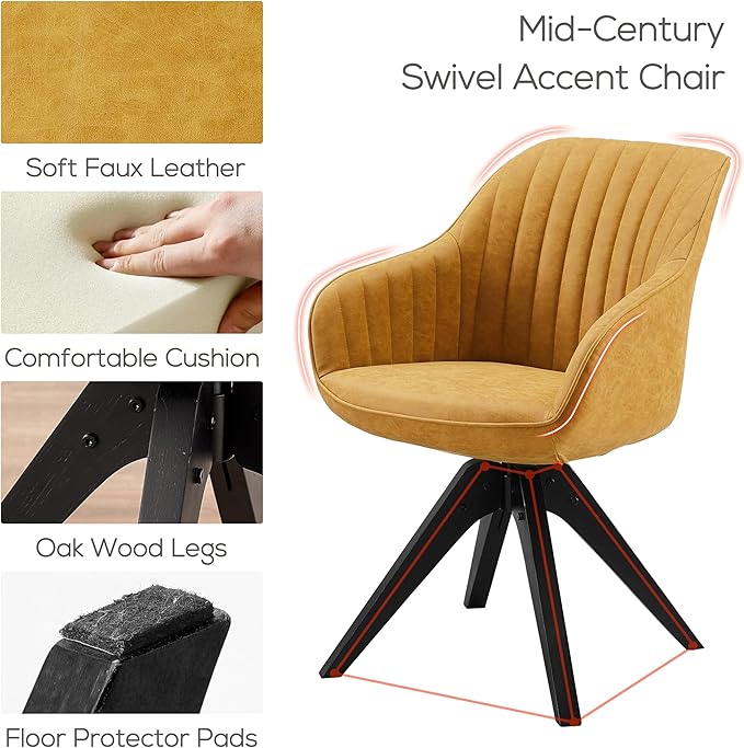 Art Leon Office Chair No Wheels, Mid Century Modern Desk Chair, Swivel Accent Chair with Oak Wood Legs, Faux Leather Upholstered Armchair for Desk, Yellow Brown