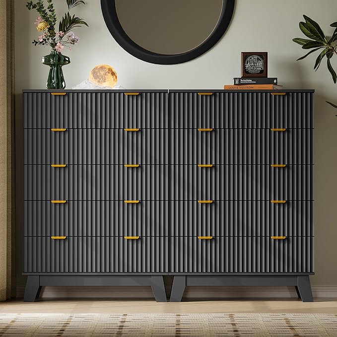 46" Tall Dresser for Bedroom, 6-Drawer Fluted Chest of Drawers, Modern Wood Highboy with Deep Storage, Metal Slides and Handles, Anti-Tip Kit, Vertical Clothes Organizer for Apartment, Nursery