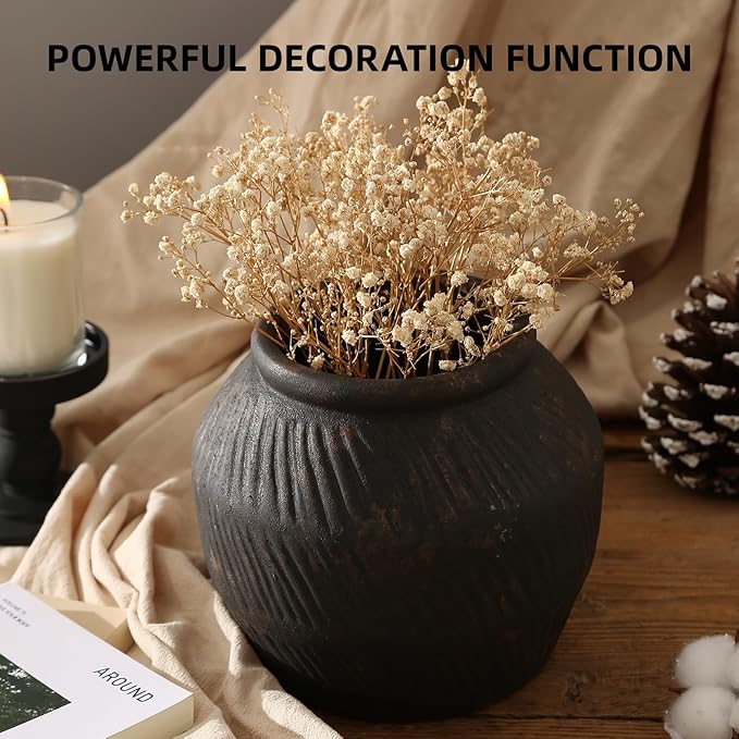 Farmhouse Ceramic Vase - Black Rustic Vintage Flower Vase for Home, Living Room, Shelf and Dining Table Decor - 7IN