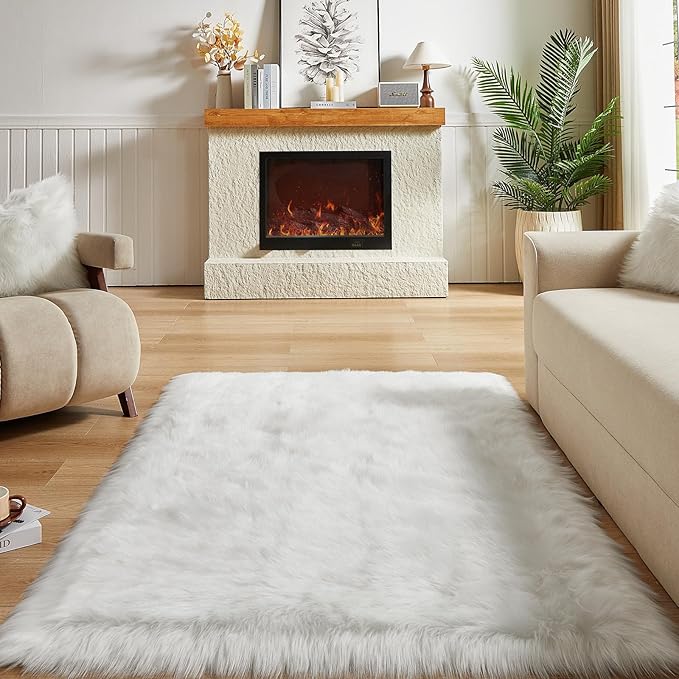 AMTOVO Faux Fur Sheepskin Rug for Living Room, 4 x 6 ft White Fluffy Area Rug for Bedroom, Playroom, Luxury Room Decor, Rectangle
