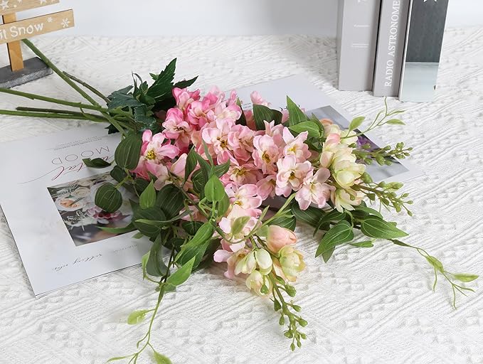Pink Silk Delphinium Flowers Combo Clematis Greenery 8pcs Long Stem Pink Fake Larkspur Flowers Floral Arrangements for Tall Vase Table Party Home Decor