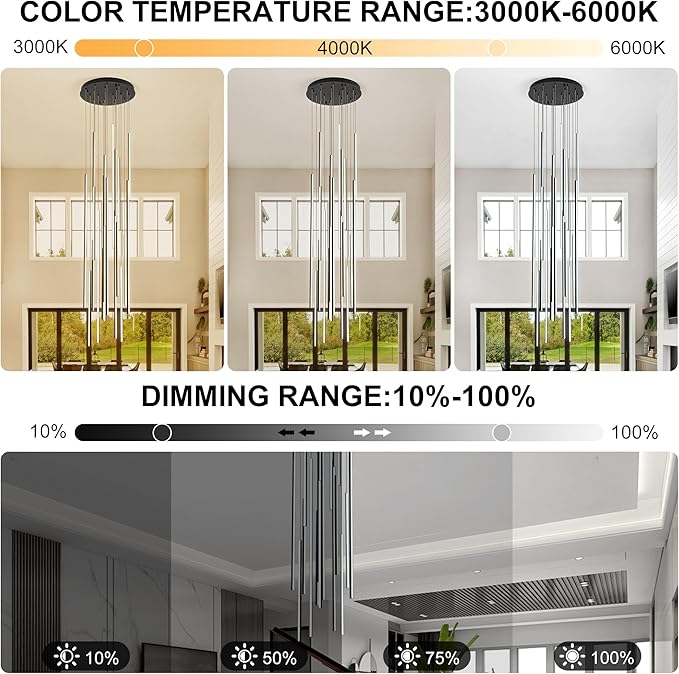 138" Modern LED Chandelier, Clustered Led Pendant Light, 20-Lights Dimmable High Ceiling Large Hanging Lighting Fixture for Loft Villa Living Room Stairs Foyer (Black-110W-20 Lights)