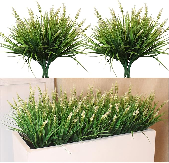 alyptus Outdoor Artificial Flowers 12 Bundles Plastic Plants Faux White Flower Fake Monkey Grass for Planters Décor Outside (White)
