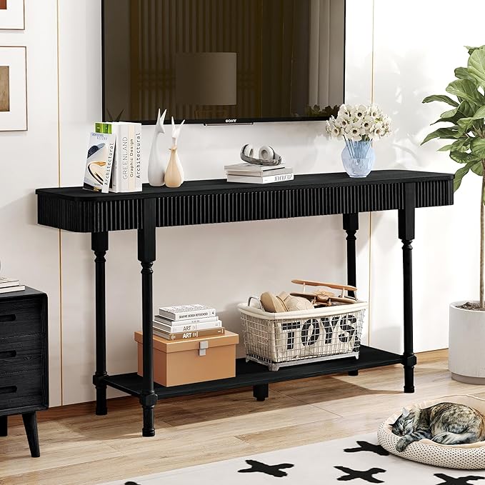 63”Console Table with 2 Drawers, Retro Entryway Table with Fluted Panel & Storage Shelf, Narrow Long Behind Couch Tables Accent Sofa Table with Solid Wood Legs for Living Room Foyer Hallway(Black)