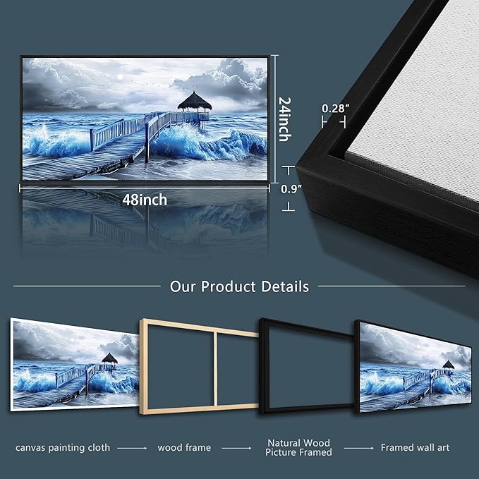 ZUITINGHUA Large Black Framed Wall Decor For Living Room Canvas Wall Art For Office Modern Wall Decorations For Bedroom Ocean Landscape Painting Black And White Pictures Artwork Home Decor 24x48 In