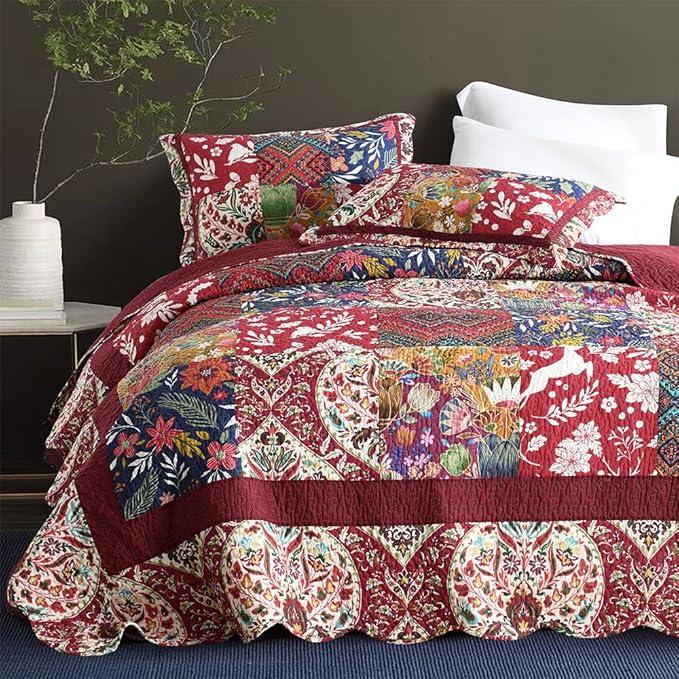 ENASAL Cotton Bedspread Quilt Sets Reversible Bedding Coverlet Sets Comforters Vintage Luxury Damask Floral Real Patchwork Burgundy Bedspread,King Size
