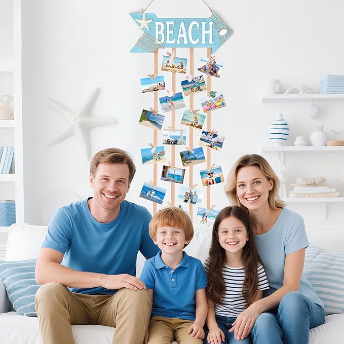 Coastal Style Hanging Photo Display Holder with 30 Clips (10 Shell Clips), Wooden Frames Wall Picture Organizer for Beach Decor, Collage Display, Postcards, Holiday Cards & Home Decoration