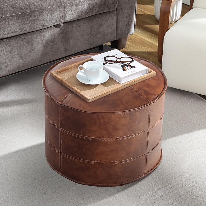 Leather Ottoman,Handmade Stuffed Square Ottoman,Genuine Leather Pouf, Foot Rest Pouf,Comfortable Soft Seating for Living Room & Bedroom (Brown, Round)