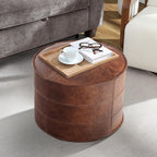 Leather Ottoman,Handmade Stuffed Square Ottoman,Genuine Leather Pouf, Foot Rest Pouf,Comfortable Soft Seating for Living Room & Bedroom (Brown, Round)