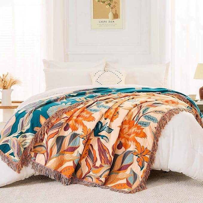 Boho Throw Blanket for Bed, 100% Cotton Soft Rustic Quilt Fall Blanket, 60"x80" Floral Printed Farmhouse Decor Bed Blankets, All Season Rustic Reversible Bohemian Throw Quilt