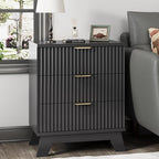 Fluted Nightstand, 24" Wide Side Table with 3 Large Storage Drawers, Mid Century Modern Wood Night Stand with Metal Handle, Wooden Bedside End Table for Bedroom, Living Room, Closet, Black