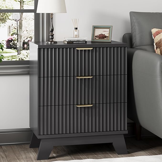 Fluted Nightstand, 24" Wide Side Table with 3 Large Storage Drawers, Mid Century Modern Wood Night Stand with Metal Handle, Wooden Bedside End Table for Bedroom, Living Room, Closet, Black