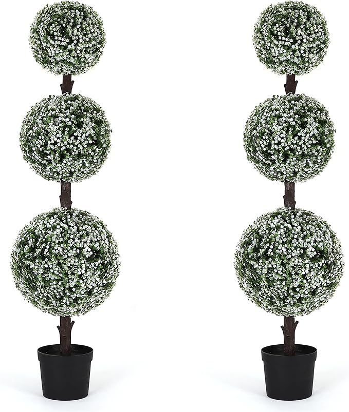 Bornbridge Artificial Baby's Breath Topiary Ball Tree - 4' Baby's Breath Ball Tree - Indoor/Outdoor Topiary Trees - Artificial Outdoor Plants (2 Pack)