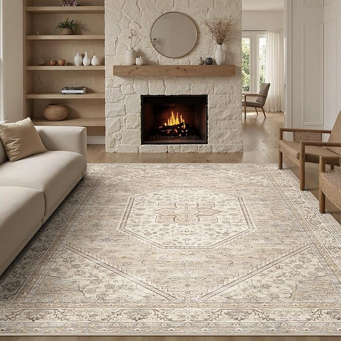 DCX Machine Washable Brown and Beige Area Rug 8x10, Non Slip Stain Resistant Vintage Floral Rug for Living Room Bedroom Nursery, Soft Low Pile Large Carpet