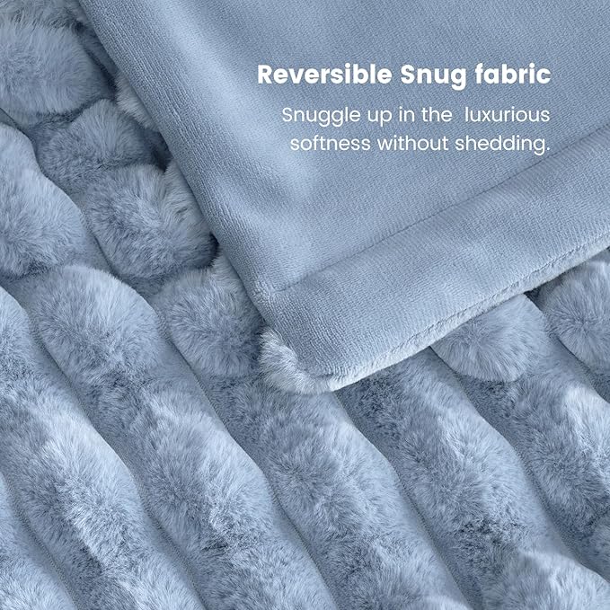 Cozy Bliss Faux Fur Throw Blanket for Couch, Cozy Warm Plush Striped Blanket for Sofa Bedroom Living Room,60 * 80 Inches Light Blue