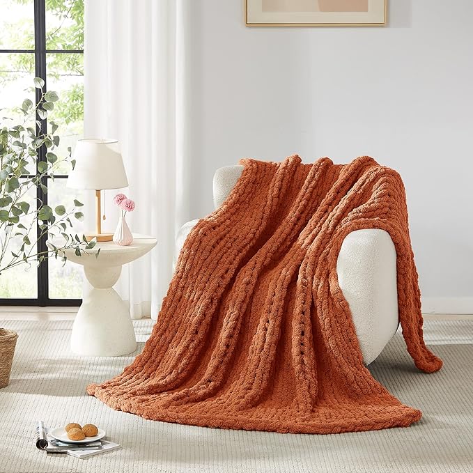 L'AGRATY Chunky Knit Blanket Throw: 80''x90'' Chenille Chunky Knitted Throw Blankets for Bed Couch - Handmade Thick Big Cable Knit Blanket - Large Crochet Rope Blankets for Home Decor(Rusty Orange)