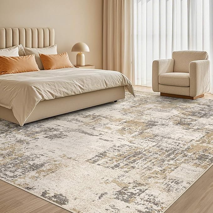 Tortania Washable 10x14 Area Rug for Living Room: Modern Abstract Neutral Large Soft Thin Rugs - Non Slip Indoor Carpet for Bedroom Dining Room Office Nursery Home Floor Decoration - Beige/Brown/Gray