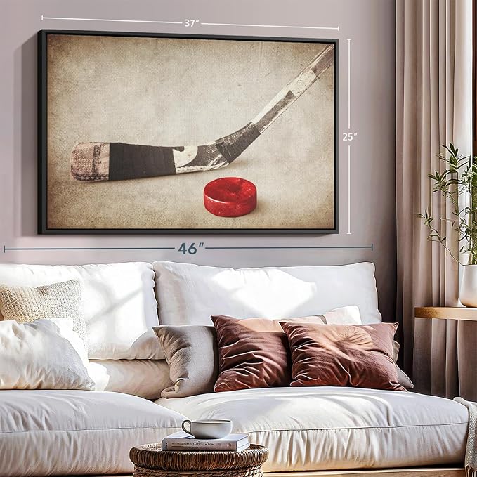 Elephant Stock Vintage Ice Hockey Wall Art - Horizontal Framed Canvas - 1-Piece Hallway Wall Decor - Photography Sports Canvas Print - Brown and Beige Decor for Wall - 37" X 25"