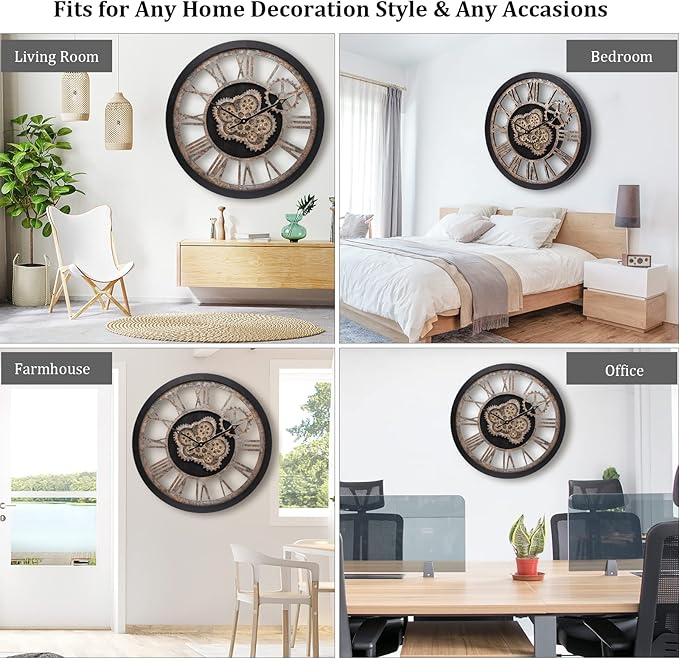 HOIBAI Large Wall Clock, Wall Clocks for Living Room Decor 20 Inch Farmhouse Vintage Rustic Kitchen Wall Decor Vintage Roman Oversized Wall Clock for Home Bedroom House Office, Moving Gears Clock