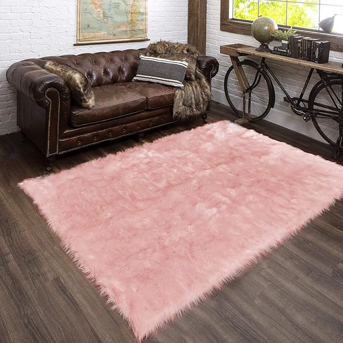 Latepis 3x5 Faux Fur Sheepskin Rug for Living Room, Fuzzy Rugs for Teen Girls Bedroom, Dorm, Luxury Room Decor, Pink Fur Rugs, Rectangle