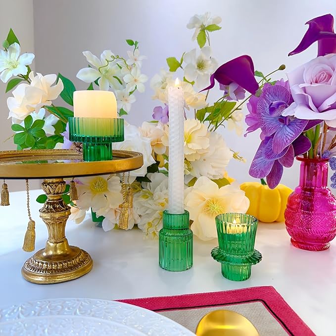 Double Sided Vintage Ribbed Taper Glass Candle Holders,Tea Candle Holder for Table Centerpieces, Wedding Decorations and Dinner Parties (Green, 3 PCS)
