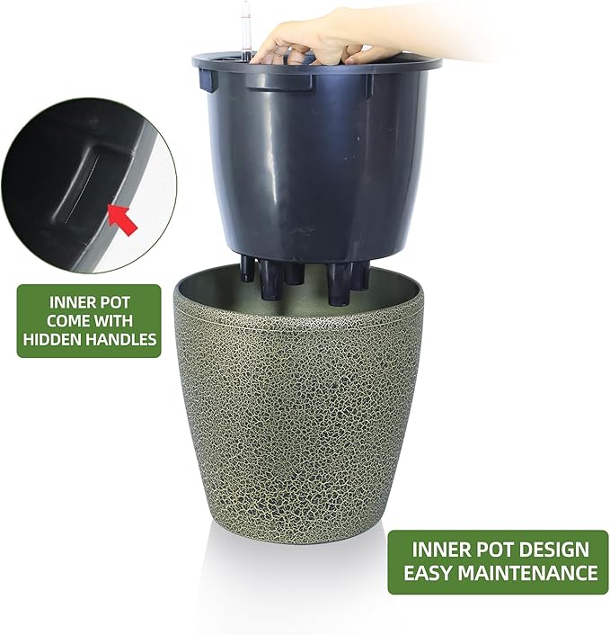 Dexceder 13x12 Self Watering Planter with Wheels Indoor Outdoor, Inner Pot Design, Thickened Large Floor Standing Flower Plant Pot with Water Level Indicator (Black Gold Crackle)