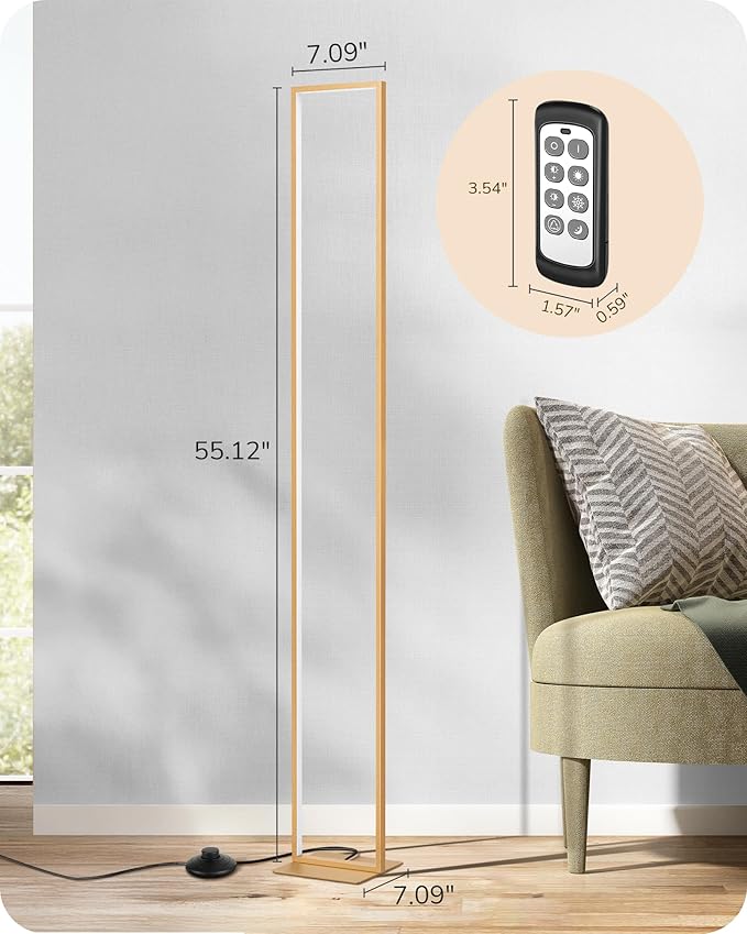 EDISHINE LED Floor Lamp, 55" Modern Minimalist Rectangular Corner Light 3000K-6000K Dimmable, Remote Control & Foot Switch, Metal Base Standing Lamps for Living Room, Bedroom, Office, Gold