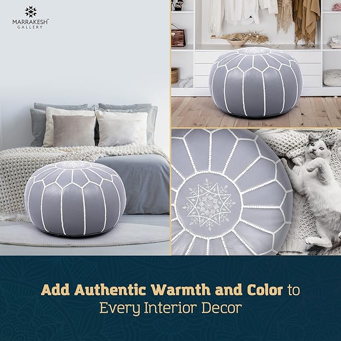 Marrakesh Gallery Genuine Leather Round Pouf Unstuffed - Moroccan Ottoman Footstool, Footrest Cover - Boho Decor - Bohemian Living Room, Bedroom, Kids Room, Gift & Wedding
