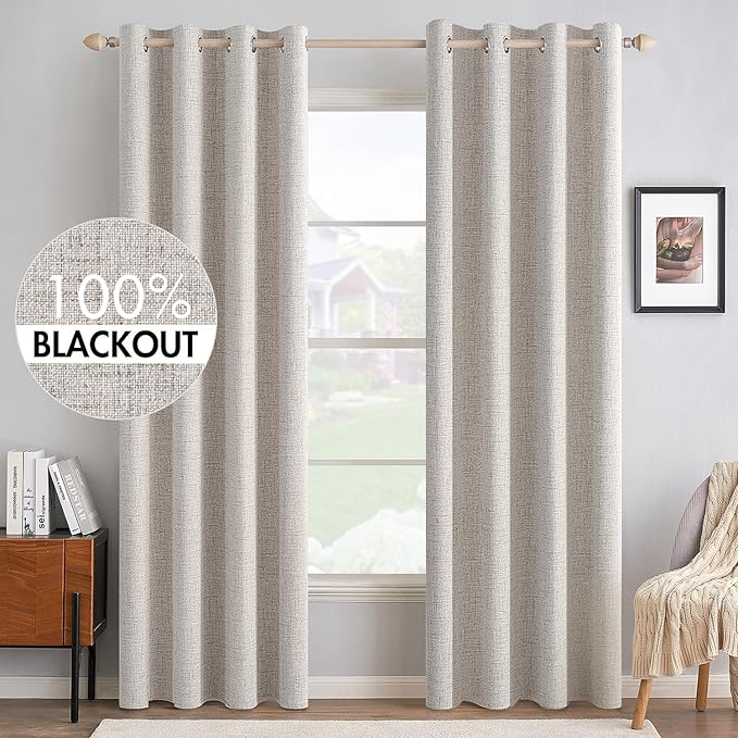 MIULEE 100% Blackout Linen Textured Curtains for Bedroom Solid Thermal Insulated Ivory Grommet Room Darkening Curtains & Drapes Luxury Decor for Living Room Nursery 52 x 96 Inch (2 Panels)