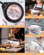 Flexible Gooseneck 2-in-1 Magnifying Glass with Light and Stand,10x & 5x Real Glass Lens Magnifying Lamp, 5 Color Stepless Hands-Free LED Desk Lamp with Clamp for Painting, Crafts, Reading (Pink)