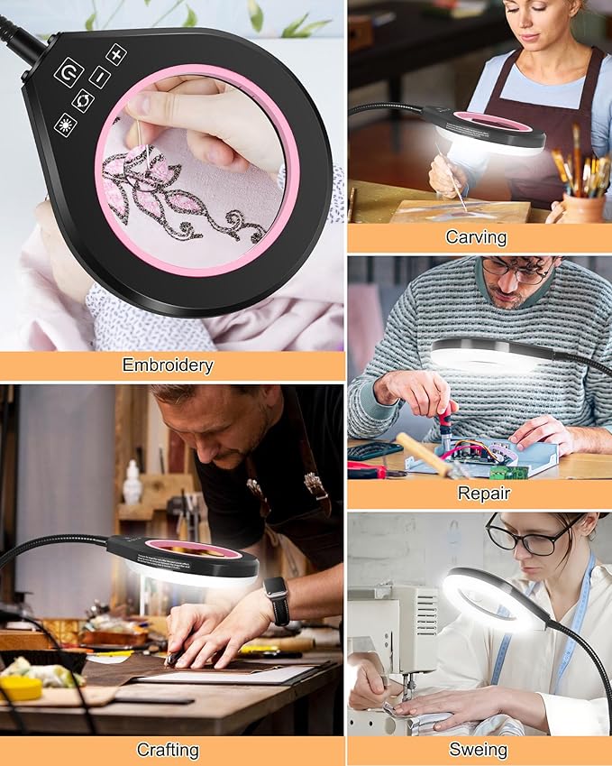Flexible Gooseneck 2-in-1 Magnifying Glass with Light and Stand,10x & 5x Real Glass Lens Magnifying Lamp, 5 Color Stepless Hands-Free LED Desk Lamp with Clamp for Painting, Crafts, Reading (Pink)