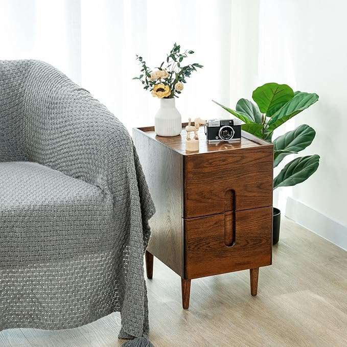 Narrow Nightstand, Mid Century Modern Nightstand, Solid Wood Bedside Table, Side Table witn Drawers (Walnut, 11.81inches)