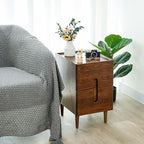 Narrow Nightstand, Mid Century Modern Nightstand, Solid Wood Bedside Table, Side Table witn Drawers (Walnut, 11.81inches)