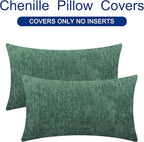 CaliTime Throw Pillow Covers Decorative 12 X 20 Inches Pack of 2 Cozy Chenille Cushion Cases for Couch Sofa Bed Living Room Home Dark Green