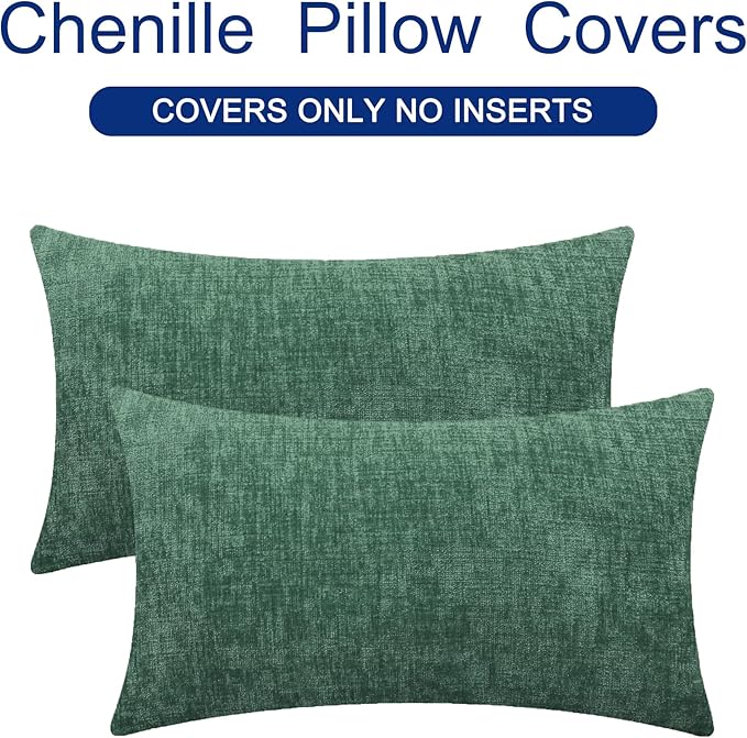 CaliTime Throw Pillow Covers Decorative 16 X 26 Inches Pack of 2 Cozy Chenille Cushion Cases for Couch Sofa Bed Living Room Home Dark Green