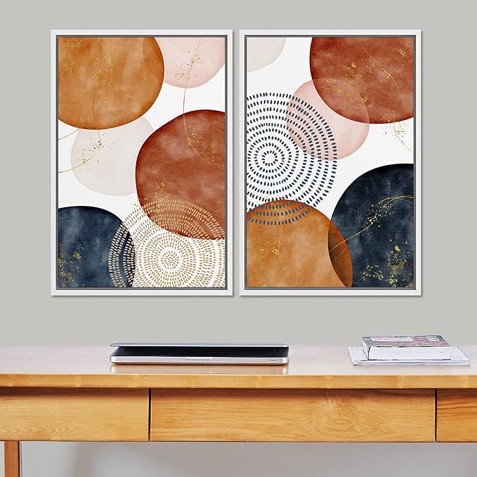 SIGNFORD Framed Wall Art Print Set Vintage Mid-Century Spiral Watercolor Dot Abstract Shapes Illustrations Modern Minimalist Multicolor for Living Room, Bedroom, Office - 24"x36"x2 White