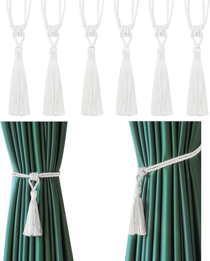 Fenghuangwu Curtain Tiebacks Tassel Tie-Backs, Rope Curtain tie Backs Handmade Curtain Holdbacks Made from Polyester (White, 6p)