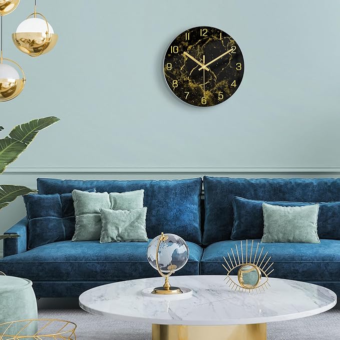 VIKMARI Black Modern Marble Texture Clock Gold Hands Rustic Kitchen Decor 12 Inch Wall Clock Battery Operated Non-Ticking Large Round Quartz Golden Decorative for Office Bedroom, Living Room
